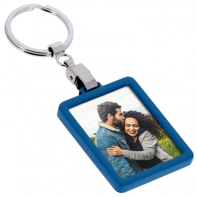 Porte-clef photo rectangle – Métal Bleu – Pour photo 3,5×4,5cm – livré en sachet transparent individuel