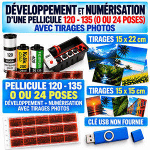 Developpement-numérisation d'une pellicule 120 - 135 (0 ou 24 poses) - appareils jetables couleur avec impression papier 15 x 22 cm ou 15 X 15 cm