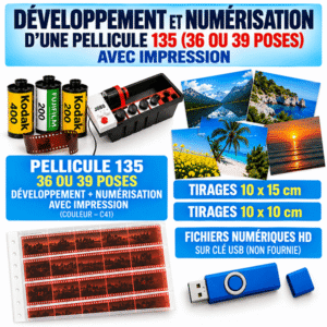 Developpement et numerisation d'une pellicule 135 (36 ou 39 poses). Appareil Jetable Couleur 135 avec Impression Papier 10 x 15 cm ou 10 X 10 cm