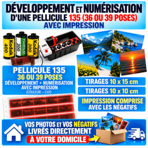 Developpement et numerisation d'une pellicule 135 (36 ou 39 poses). Appareil Jetable Couleur 135  avec Impression Papier 10 x 15 cm ou 10 X 10 cm
