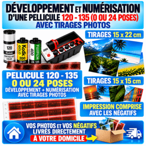Developpement-numérisation d'une pellicule 120 - 135 (0 ou 24 poses) - appareils jetables couleur avec impression papier 15 x 22 cm ou 15 X 15 cm