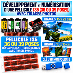 Developpement-numérisation d'une pellicule 120 - 135 (36 ou 39 poses) - appareils jetables couleur avec impression papier 15 x 22 cm ou 15 X 15 cm