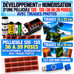 Developpement-numérisation d'une pellicule 120 - 135 (36 ou 39 poses) - appareils jetables couleur avec impression papier 15 x 22 cm ou 15 X 15 cm