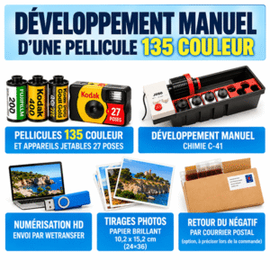 Developpement et numerisation d'une pellicule 135 (24 ou 27 poses) OU Appareil Jetable Couleur 135 avec Impression Papier 10 x 15 cm ou 10 X 10 cm