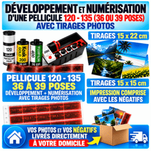 Developpement-numérisation d'une pellicule 120 - 135 (36 ou 39 poses) - appareils jetables couleur avec impression papier 15 x 22 cm ou 15 X 15 cm