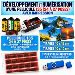Developpement et numerisation d'une pellicule 135 (24 ou 27 poses) OU Appareil Jetable Couleur 135  avec Impression Papier 10 x 15 cm ou 10 X 10 cm