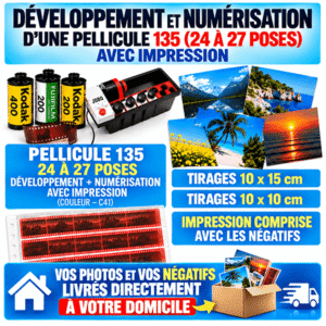 Developpement et numerisation d'une pellicule 135 (24 ou 27 poses) OU Appareil Jetable Couleur 135  avec Impression Papier 10 x 15 cm ou 10 X 10 cm